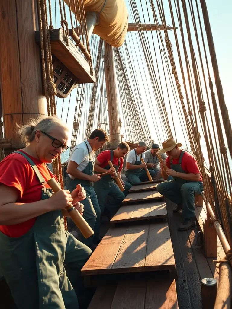 A vibrant image of volunteers working together on the deck of a historic sailing vessel, restoring its wooden planks with traditional tools.