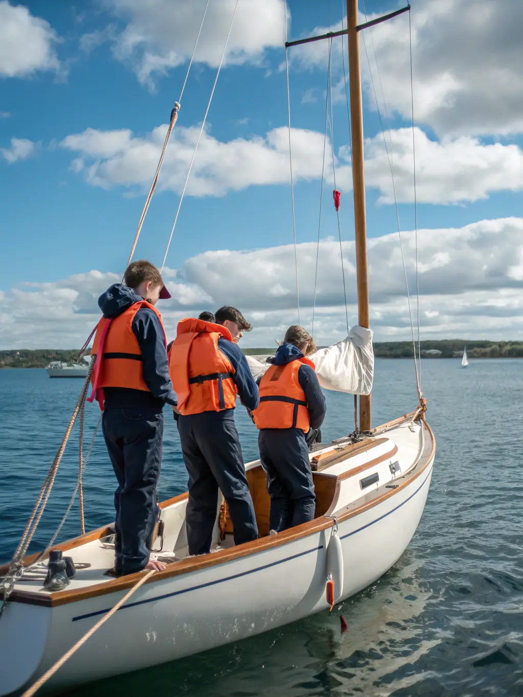 A group of children learning about sailing on a small historic vessel, with an instructor pointing out different parts of the boat. The scene is bright and educational, emphasizing hands-on learning.