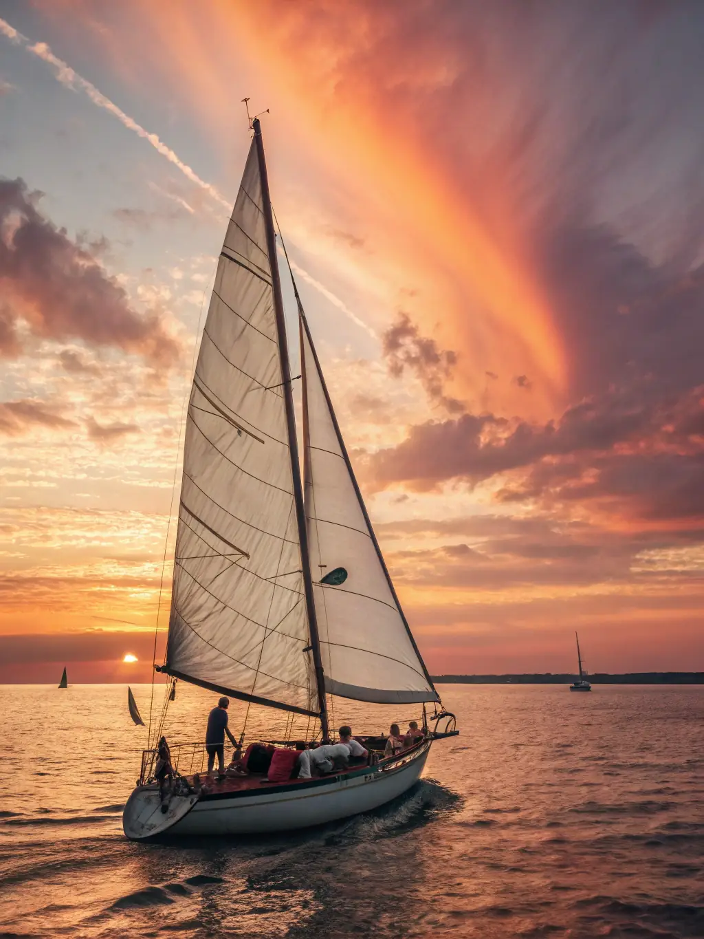A scenic shot of a beautifully restored sailing vessel participating in a maritime festival, surrounded by other historic boats and cheering crowds.