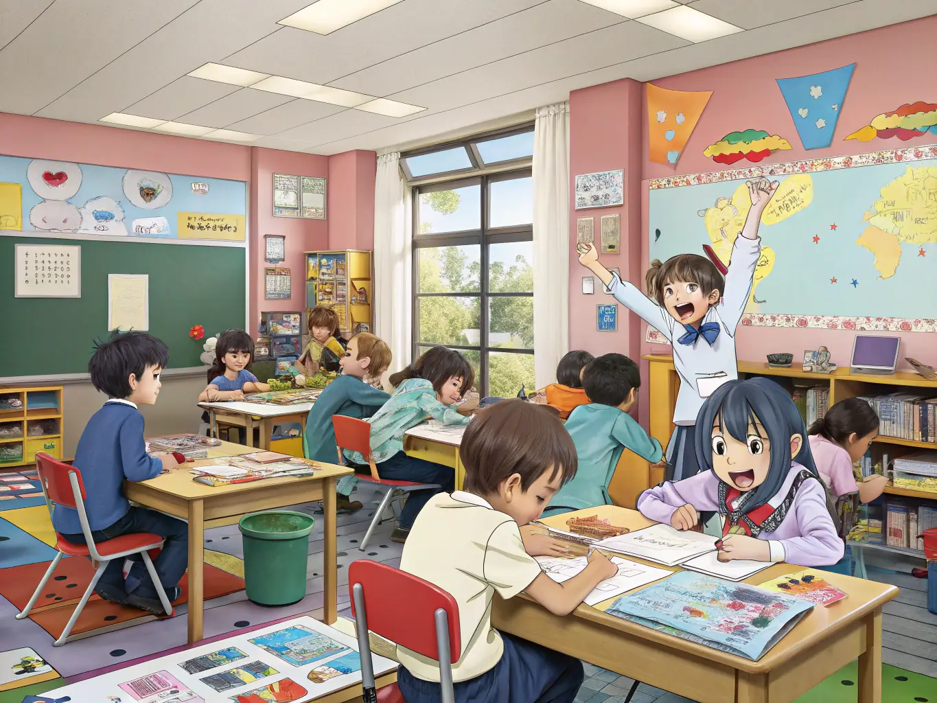 A classroom setting where instructors are teaching students about the history and construction of sailing vessels, using models and historical documents.