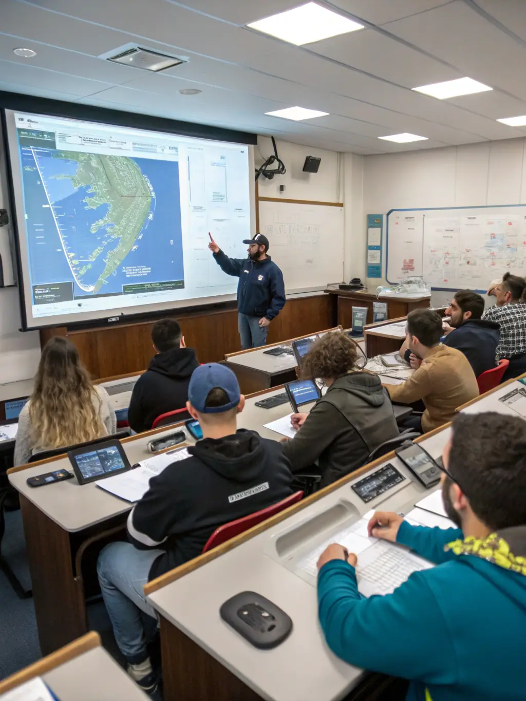 A photograph of a group of students learning about traditional sailing techniques on a restored vessel, with an instructor guiding them.