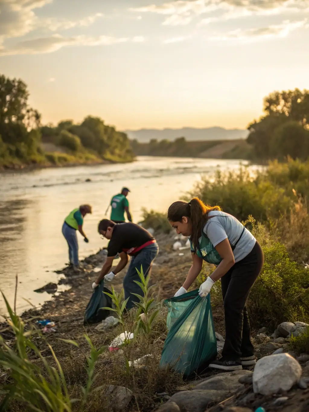 A historic sailing vessel participating in a coastal cleanup event, with volunteers collecting debris from the water and shoreline. The image highlights environmental responsibility.