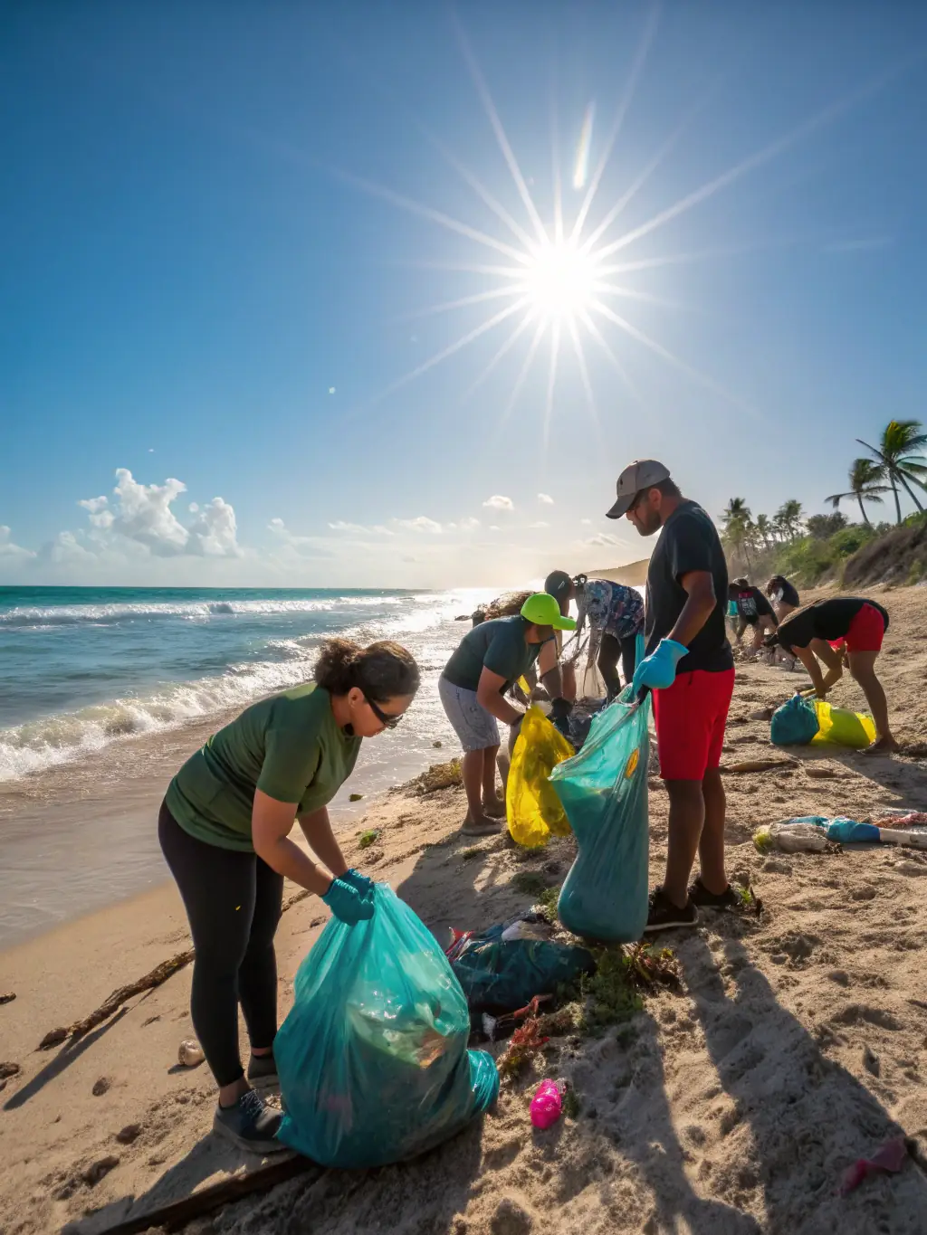 An image of APSVA members conducting a beach cleanup, removing plastic and debris to protect the marine environment and preserve the beauty of the coastline.