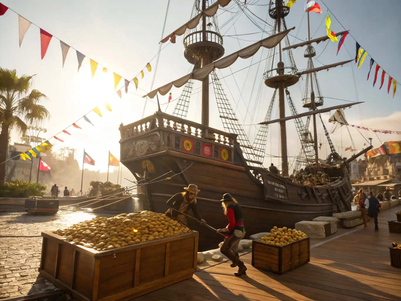 A vibrant scene of a community event at the harbor, featuring historic sailing vessels, live music, and interactive exhibits celebrating maritime culture.